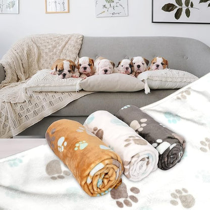 Rezutan Upgraded Dog Blankets for Medium Dogs, 3 Pack Dog Cat Blanket Washable, Soft Pet Throw Cover Suitable for Kennel Crate Bed, Cute Paw Pattern, 30"x20" Grey/Brown/White