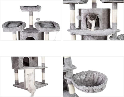 Hey-brother XL Size Cat Tree, 73.4 inch Cat Tower with 3 Caves, 3 Cozy Perches, Scratching Posts, Board, Activity Center Stable for Kitten/Gig Cat, Light Gray MPJ032W