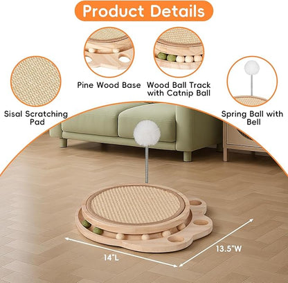 Cat Scratcher Board, 3-in-1 Cat Scratcher & Activity Center with Sisal Scratching Pad, Ball Track & Spring Toy, Interactive Cat Furniture for Indoor Cats