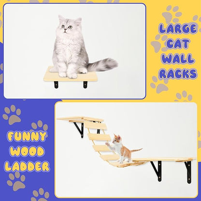 Cat Wall Shelves - Stable & Safe 5 in 1 Cat Walls Furniture Set, Wooden Kitten Climbing Wall with Bridge Ladder & Wall Steps