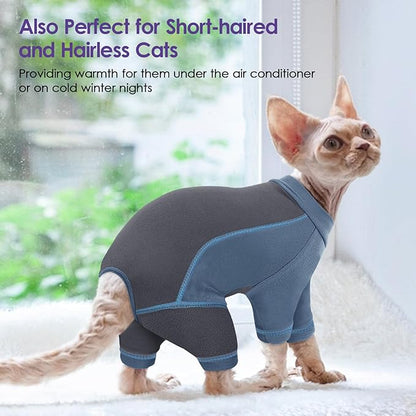 SUNFURA Hair Sticky Cat Clothes, Cat Sweater for Cats Only, 4-Legged Fleece Sweaters Kitten Pajamas Reduce Shedding Fur, Warm Pullover Shirts for Cats, Blue XL
