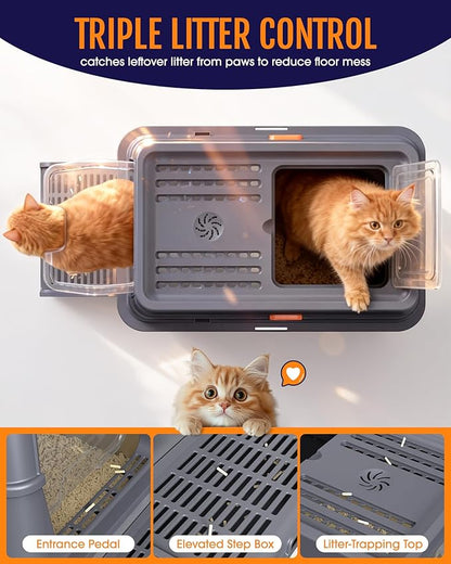 Cat Litter Box - Stainless Steel Litter Box with Lid for Kitty, Metal Base Enclosed Cat Box with Litter Scoop, Elevated Step Box, Activated-Carbon Pack, 23.6" x 15.7" x 15", Grey