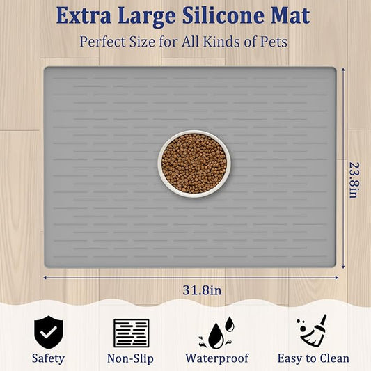 31.8"x23.8" Extra Large Pet Food Mat, Silicone Dog Mats for Food and Water, XL Nonslip Pet Feeding Mats for Floors,Dog Cat Bowl Mat with Raised Edges, Beige