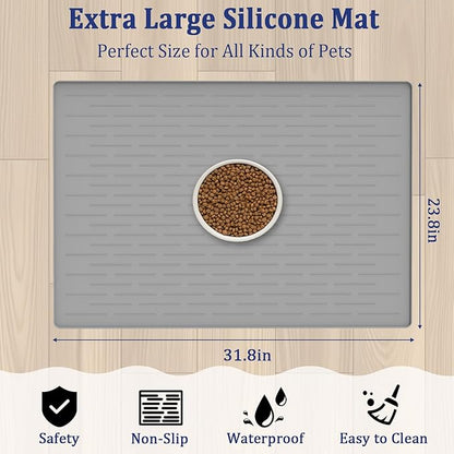 31.8"x23.8" Extra Large Pet Food Mat, Silicone Dog Mats for Food and Water, XL Nonslip Pet Feeding Mats for Floors,Dog Cat Bowl Mat with Raised Edges, Black