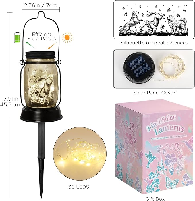 Great Pyrenees Gifts for Women/Men Great Pyrenees Dog Solar Lanterns Mom Birthday Dog Lovers Lantern Pet loss Pet Memorial Lights Solar Garden Decoration for Yard, Patio,Backyard,Porch Torches Light