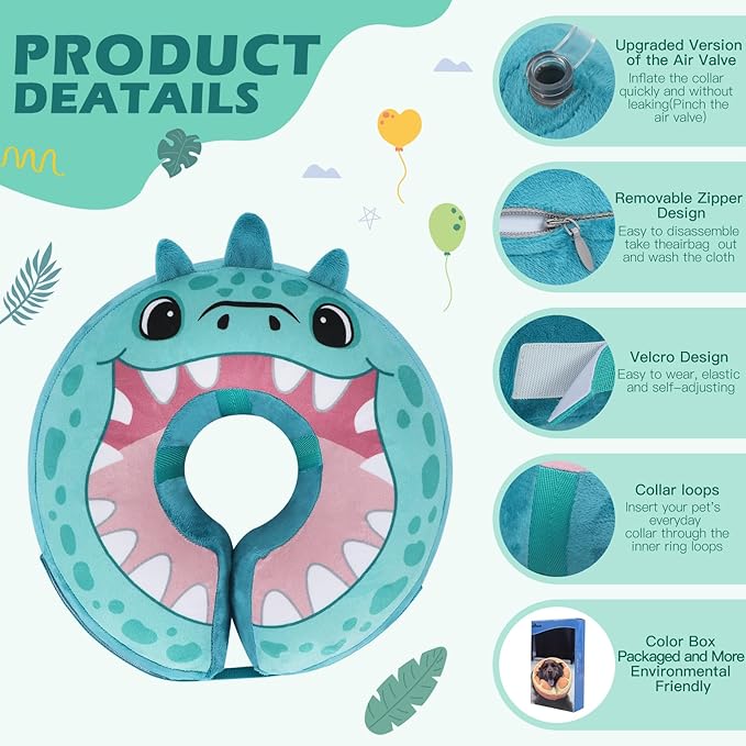 IEUUMLER Inflatable Recovery Dog Collar, Protective Donut Cone, Adjustable Soft Collar for Dog and Cat After Surgery Prevent from Biting & Scratching EU002 - Teal Dinosaur L