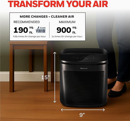 Honeywell PowerPlus HEPA Air Purifier for Home, 968 Ft² Rooms in 1 hour, Reduces Allergens, Dust, Pollen, Smoke, Pet Dander, Odors, Black, HPA3100