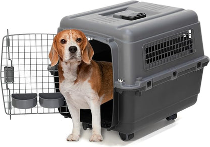 SportPet Airline Compliant MEDIUM 24.25" Travel Dog Kennel-Durable Plastic Airline Pet Carrier w/ Removable Wheels & Food Bowls, Collapsible Indoor/Outdoor Dog Kennel, Dogs up to 23"L & 15"H-Dark Gray
