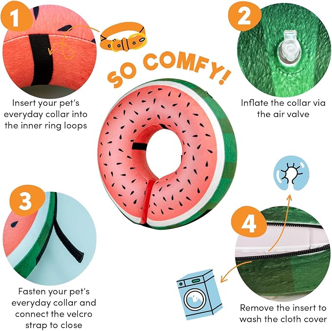 BENCMATE Inflatable Dog Cone Collar Alternative, Soft Dog Cone for Small Medium Large Dogs and Cats, Neck Recovery ECollar Donut Collar After Surgery (Large, Watermelom)