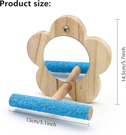 Small Bird Mirror Parrot Swing,Wooden Parakeet Perches Flower Interactive Play Toys for Small Budgies Macaw African Grey Parakeets Lovebird Cockatiel Cage Accessories (S, Wood-1p)
