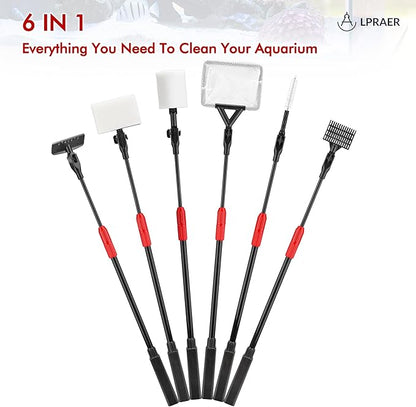 Lpraer Multifunction 7 PCS Aquarium Cleaning Tools Bundle Kit Set Adjustable Fish Tank Cleaner w/Long Telescopic Extended Handle,Fish Net,Algae Scraper, Sponge Pad, Gravel Rake & Cleaning Brush