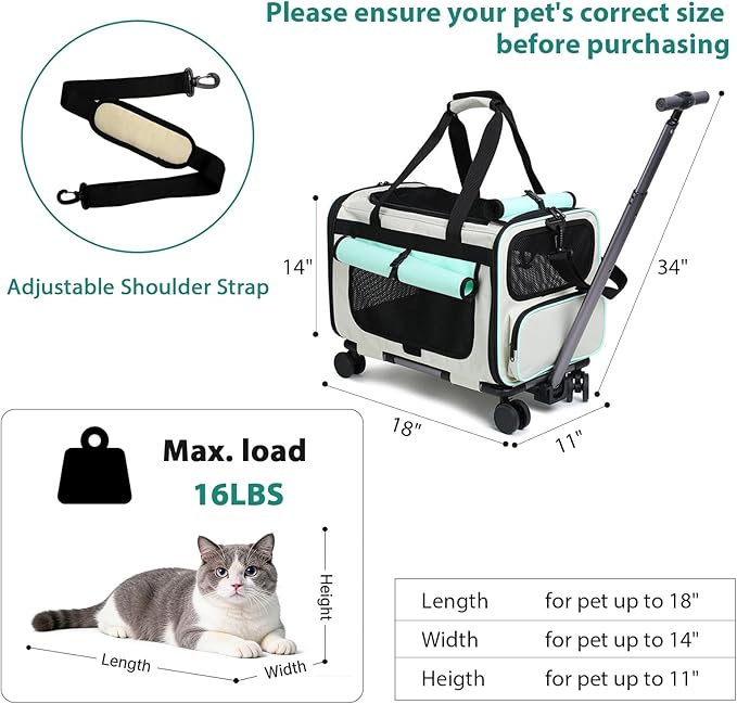 Expandable Pet Carrier with Wheels for Small Dogs and Cats,Airline Approved Rolling Cat Carrier with Removable Platform,18"X11"X14",Foldable Soft-Sided Travel Bag Fits Under Seat,Up to 16 lbs(Green)