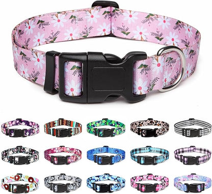 Mercano Adjustable Dog Collar - Special Design Patterns, Soft Nylon Comfortable Durable Pet Collar for Small Medium Large Dogs (S, Pink White Flower)