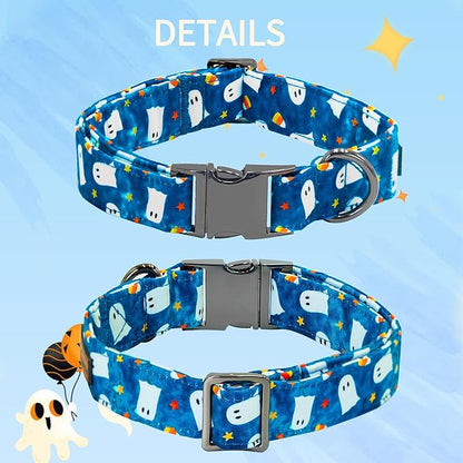 Halloween Dog Collar, Ghost Print Adjustable Pet Collar Blue Cute Cotton Soft Collars with Bow Tie Fall Metal Buckle Holiday Puppy Collars Boy&Girl Gift for X-Large Dogs