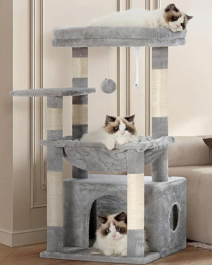 Heybly Cat Tree, Kitten Tower with Large Soft Cat Basket, Cat Condo with Spacious Cat Bed Cave with Hidden Space, Sisal-Covered Scratching Posts, Dangling Ball for Indoor Cats, Light Gray HCT008SW