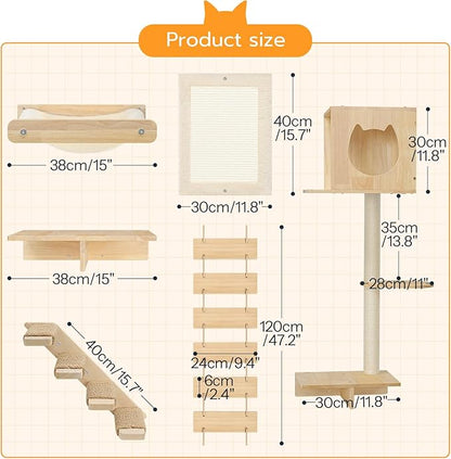 HOOBRO Wood Cat Wall Shelves, Set of 5 Modern Cat Wall Furniture with Corridor, Plush Hammock, Steps, Scratcher and Climbing Shelves for Playing, Sturdy, Durable and Safe, Natural NL45CS03