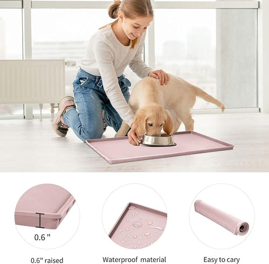 Dog Food Mat,Silicone Waterproof Food Tray,Non Slip Pet Bowl Mats Placemat,0.6" Raised Edge,Suitable for Most Small and Medium Sized Pets,24" x 16"