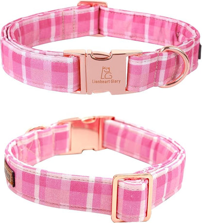 Lionheart glory Pink Plaid Dog Collar, Adjustable Dog Collar with Bowtie, Pet Gift Girl Collar for Dog Soft Bowtie Dog Collars for Medium Dogs