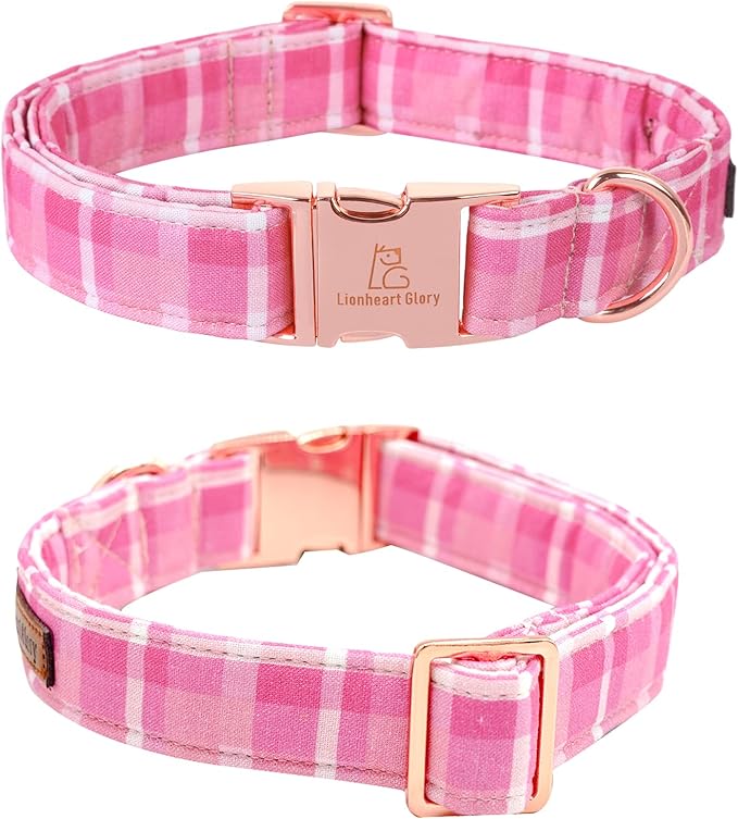 Lionheart glory Pink Plaid Dog Collar, Adjustable Dog Collar with Bowtie, Pet Gift Girl Collar for Dog Soft Bowtie Dog Collars for Large Dogs