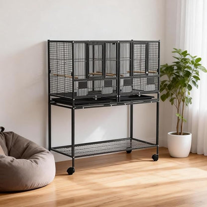 43'' Wrought Iron Birdcage with Detachable Rolling Stand & Feeder, Large Bird Cage with Secure Lock & Slide-Out Tray, Indoor Outdoor Bird Cage on Wheels,Parrot Cages for Parakeets, Pigeons, Black