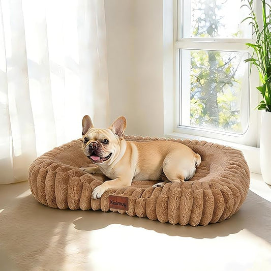 Cute Dog Bed for Medium Size Dog, Calming Medium Dog Cat Bed with Anti-Slip Bottom, Washable Soft Faux Fur Pet Bed, Rectangle Puppy Bed with Handle for Indoor Pets, 30" x 24" x 5", Brown