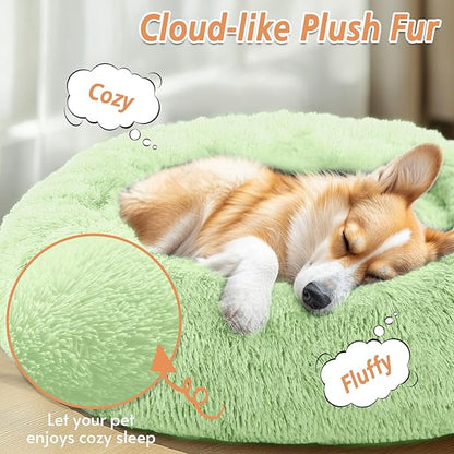 JOLLYVOGUE Calming Dog Bed for Small Dogs - 23 inches Donut Washable Small Dog Bed for Kittens & Puppies, Anti-Slip Round Fluffy Plush Faux Fur Cat Beds (Fits up to 25 lbs Pets, Light Green)