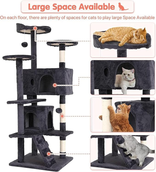 Large Cat Tree with Scratching Post, 54in, Wooden Frame, Sisal Ropes, 3 Platforms, 2 Hanging Balls, 2 Cushions, Light Gray