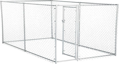 Lucky Dog Heavy Duty Outdoor Galvanized Chain Link Dog Kennel Enclosure with Latching Door, 1.5 Inch Raised Legs, and Adjustable Configuration, Silver