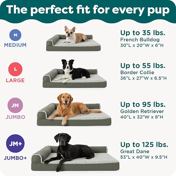 Furhaven Orthopedic Dog Bed for Large Dogs w/ Removable Bolsters & Washable Cover, For Dogs Up to 95 lbs - Luxe Faux Fur & Performance Linen Sofa - Woodsmoke, Jumbo/XL