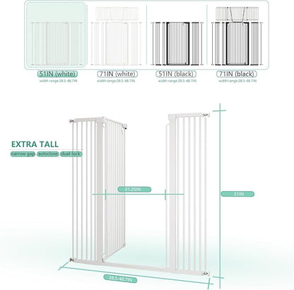 51" Extra Tall Cat Gate 28.5"-48.7" Wide, Auto Close, Pressure Mounted, for Cats & Small Dogs, Hallway, Stairs, Kitchen, Not Baby Gate,White