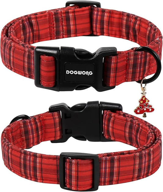 DOGWONG Christmas Plaid Dog Collar, Cute Adjustable Red Tartan Collar, Red Grid Dog Collar with Strong Plastic Buckle for Small Medium Large Dogs,S