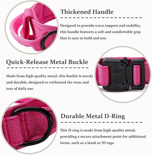 Tactical Dog Collar, Adjustable Military Training Nylon Dog Collar with Control Handle and Heavy Quick-Release Metal Buckle for Small Medium Large Dogs,Pink L
