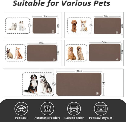 Dog Food Mat - Absorbent Cat Mat for Food and Water, No Stains Pet Feeding Bowl Mat, Easy to Clean Pet Placemats, Quick Dry Dog Water Dispenser Mat for Messy Drinkers | Paw Brown 12"x 19"