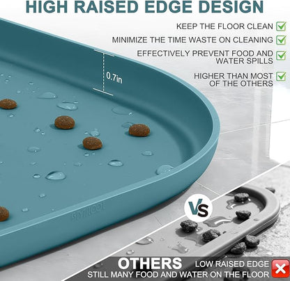 Small Silicone Pet Food Mat with Raised Edge for Food and Water Bowl, Square Dog Feeding Mats, Cat Food Trays for Floor Waterproof, Rubber Tray for Dogs and Cats, 12 x 12 x 0.7 Slate Blue