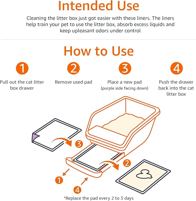 Amazon Basics Cat Pee Pads, Odor Control, Super Absorbent, Disposable, Universal Fit for Litter Box, Unscented, Multi Cat, White/Purple, 60 Count