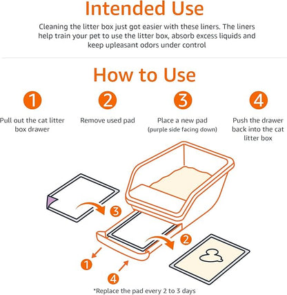 Amazon Basics Cat Pee Pads, Odor Control, Super Absorbent, Disposable, Universal Fit for Litter Box, Unscented, Multi Cat, White/Purple, 60 Count