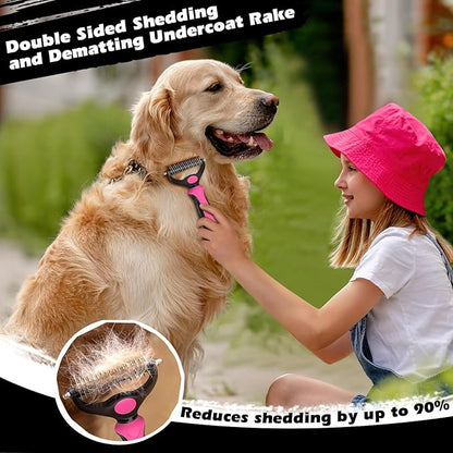 3PCS Self Cleaning Slicker Brush & Pet Grooming Rake & Flea Comb for Dogs,Cats and Horses | Double-Sided Dematting Comb & Skin Friendly Deshedding Grooming Tool (Red Black)