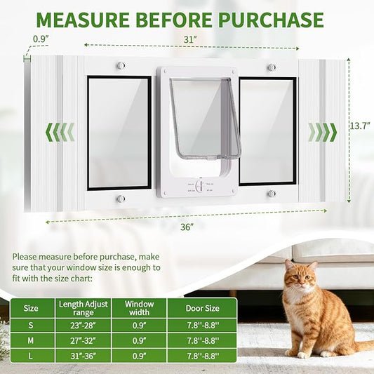Aluminum Frame Window Cat Door with Magnetic Auto Closure, Horizontal Adjustable Width Quick-Fit Pet Door for Window Insert, Suitable for Most Medium Cats & Small Dogs