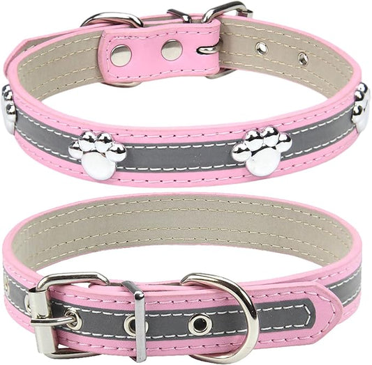 PETCARE Reflective Dog Collar with Cute Paw Rivet Studded Funny Soft PU Leather Adjustable Puppy Dog Collars for Small Medium Large Dogs Cats (Pink,Large)