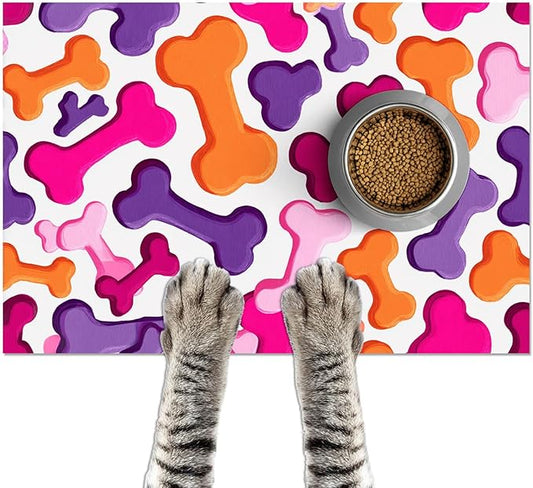 Colorful Dog Bone Pattern Pet Food Mat for Dog Food and Water Bowl Pet Feeding Bowl Mats for Pet Feeding Areas Funning Easy Clean Fast Dry Cat Water Bowl Mat 24" x 16"