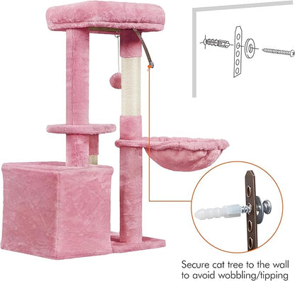 Topeakmart Cat Tree Tower for Indoor Cats, 34.5in Cute Kitten Tree Activity Center with Condo & Scratching Post, Multi-Level Pet Climbing Tower Play House w/Large Perch, Platform, Basket, Pink