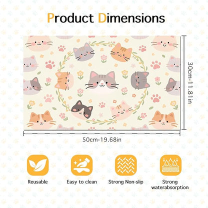 Cat Feedings Mats 20x12 inch Beige Cat Print Pet Bowl Placemat Non Slip Mat for Cats Food and Water Indoor Kitty Feeding Station Cute Cats Meal Mat for Small Pets Kitchen Floor Use