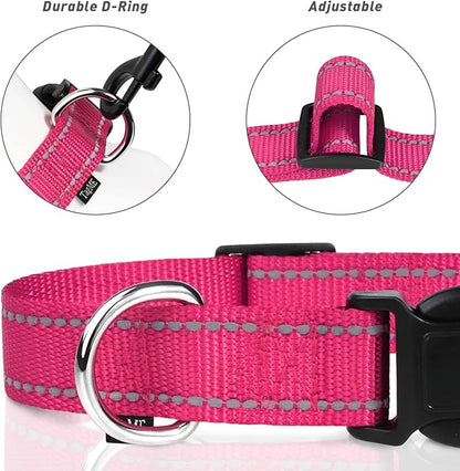 TagME Reflective Nylon Dog Collars, Adjustable Classic Pet Collar with Quick Release Buckle for Extra Large Dogs, Hot Pink, 1¼" Width