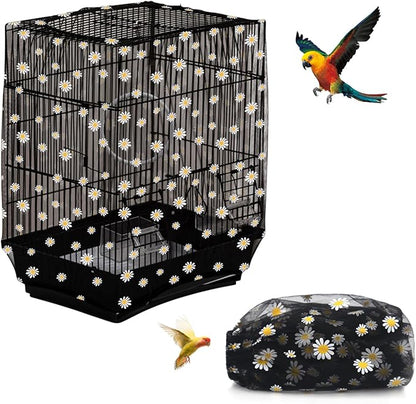 Bird Cage Seed Catcher, Seed Catcher Guard Net Cover, Parrot Nylon Mesh Net Cover, Universal Soft Airy Cage Net Stretchy Skirt for Round Square Cages (Daisy-Black, 15.7" x87")
