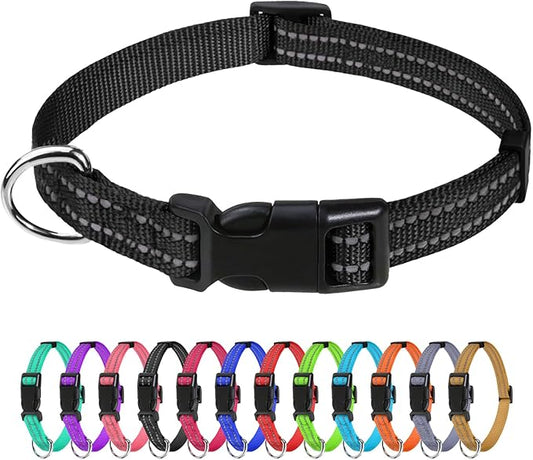 TagME Reflective Nylon Dog Collars, Adjustable Classic Pet Collar with Quick Release Buckle for Puppy, Black 3/8" Width