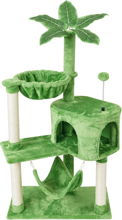 KIYUMI Cat Tree Cat Tower Condo with Sisal Scratching Post for Indoor Cats Tree Furniture with Hammock Perch and Kitten Ball Toys, Multi-Level Pet Activity Center (Green)