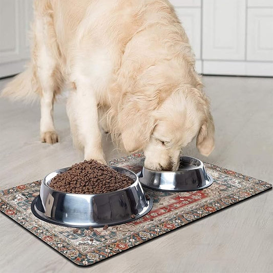 Dog Food Mats for Floors, Absorbent and Quick-Drying Pet Cat Food Mat,Anti-Fouling and Easy-to-Clean Pet Feeding Mat,Dog Bowl Mat for Messy Drinking Water Bowls.12 x20, Bohemia Style