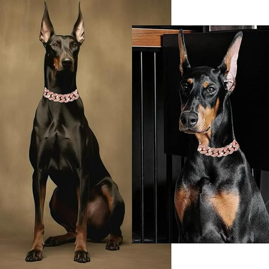 Dog Collar Cuban Link Rose Glod Crystal Dog Necklace Metal Chain Collar with Design Secure Buckle Pet Collar Jewelry Accessories for Small Medium Large Dogs Cats(Rose Glod 14inch)