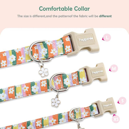 Faygarsle Colorful Floral Dog Collar, Cotton Fabric with Daisy Pattern, Multi-Color Stripes Spring Summer Design for Small Medium Large Dogs XS