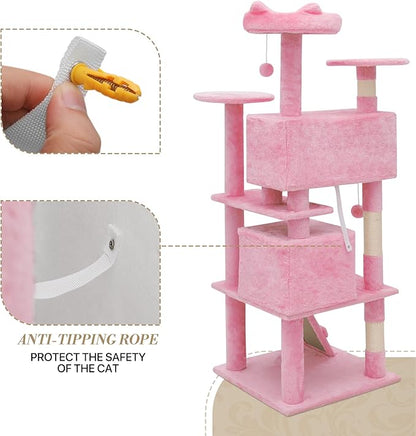 Athena Collection 54 Inch Cat Tree for Indoor Cats, Multi-Level Tower With 2 Condos, Scratching Post & Dangling Ball, Tall Climbing Center, Pink